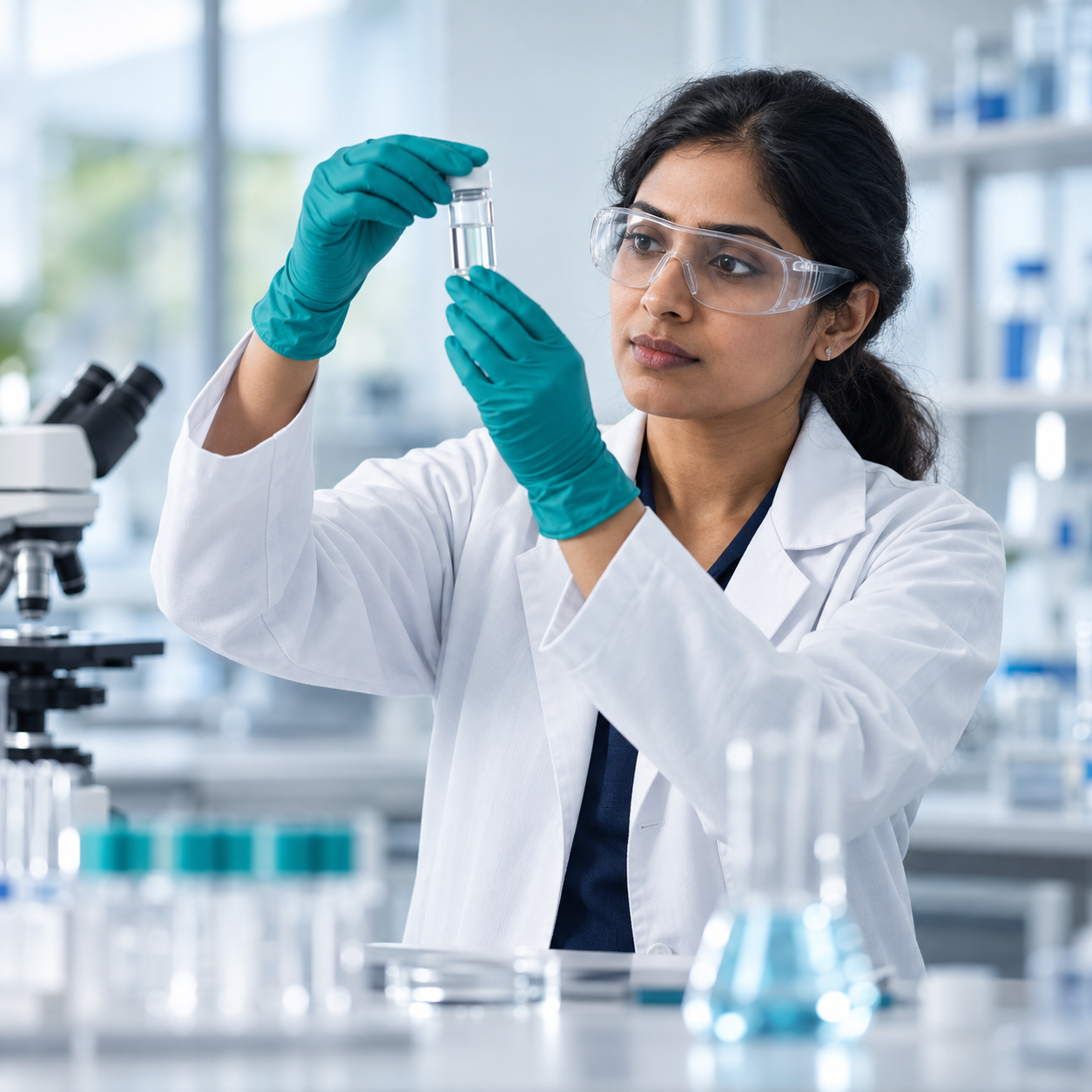 Pharmaceutical scientist examining a sample in a laboratory